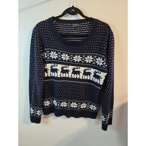 POL Navy Blue Fair‎ Isle Nordic Reindeer Sweater Pullover Size Large